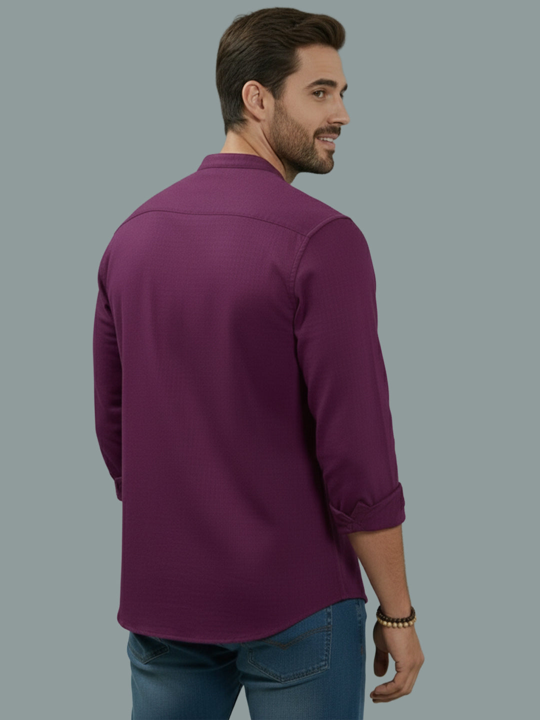 Full Sleeve Chinese Collar Cotton Slim Shirt for Men and Boys in Shirt For Men And Pink by BLUE ROBED, fabric detail