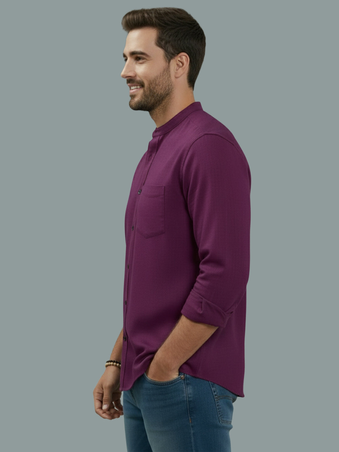 Full Sleeve Chinese Collar Cotton Slim Shirt for Men and Boys in Shirt For Men And Pink by BLUE ROBED, front view