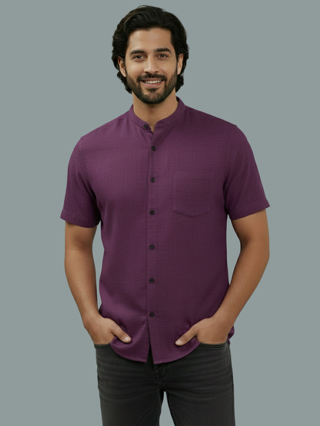 Half Sleeve Chinese Collar Cotton Slim Shirt for Men and Boys in Shirt For Men And White by BLUE ROBED, front view