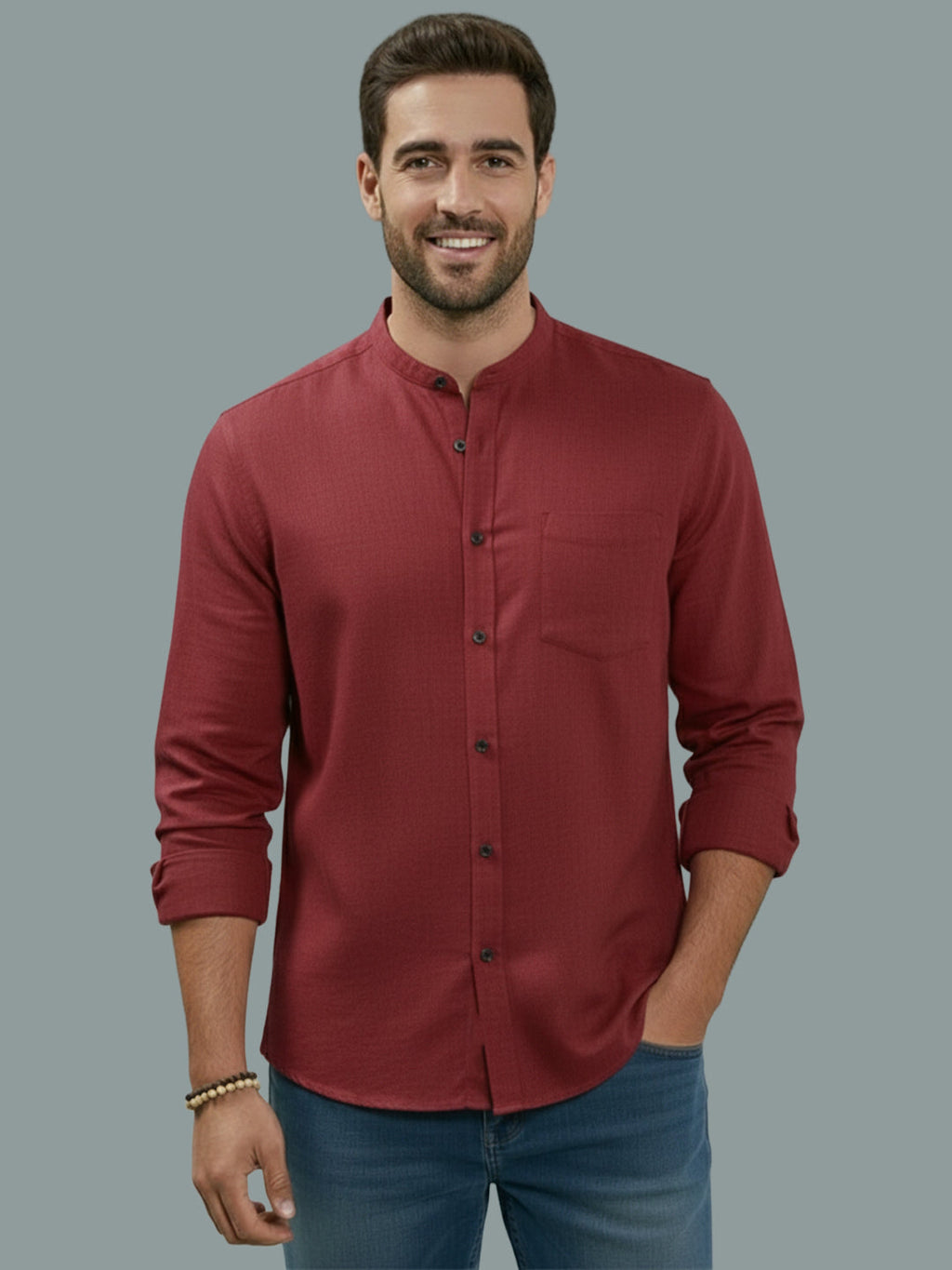 Full Sleeve Chinese Collar Cotton Slim Shirt for Men and Boys in Shirt For Men And Pink by BLUE ROBED, front view