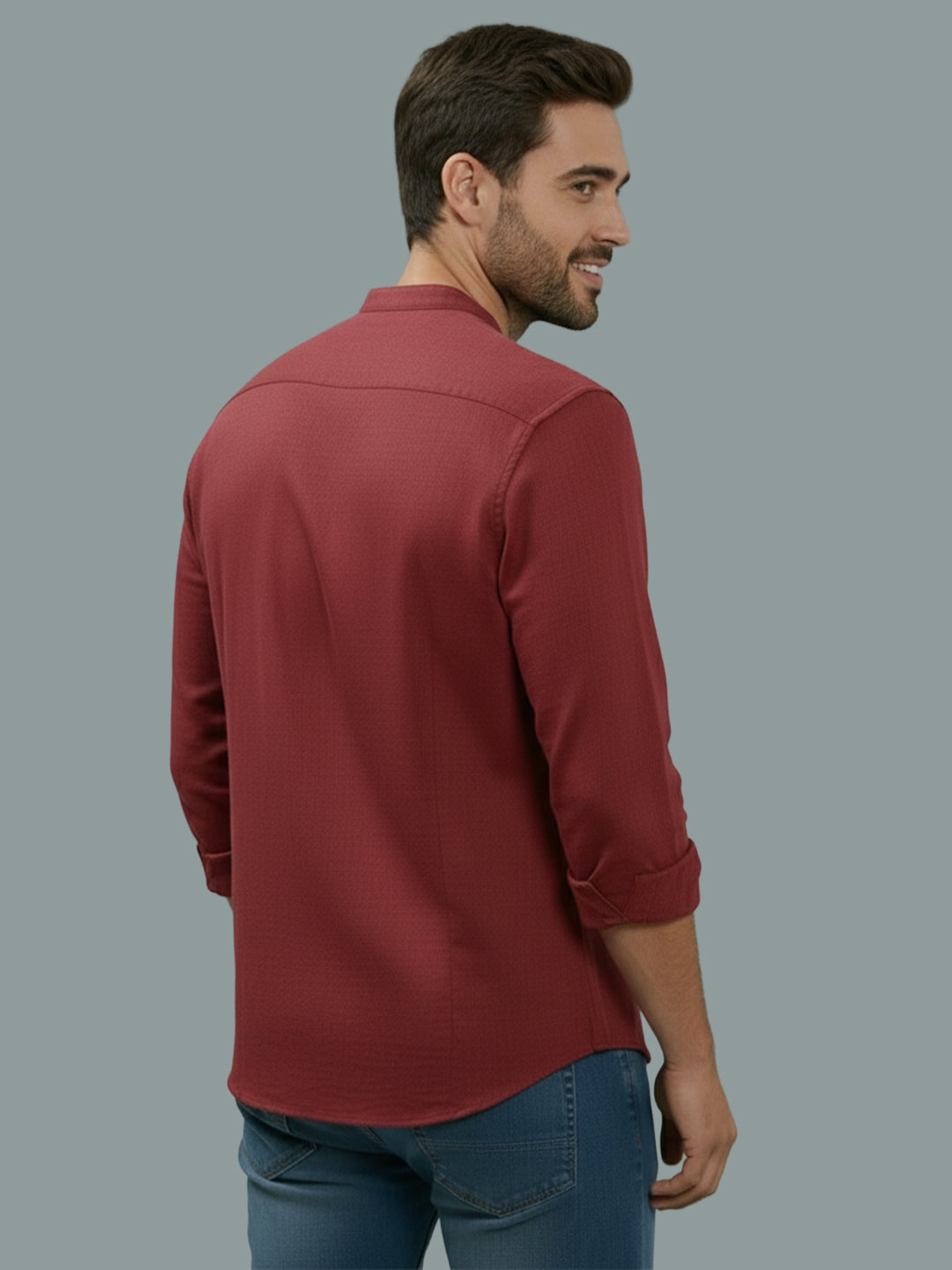 Full Sleeve Chinese Collar Cotton Slim Shirt for Men and Boys in Shirt For Men And Pink by BLUE ROBED, side view
