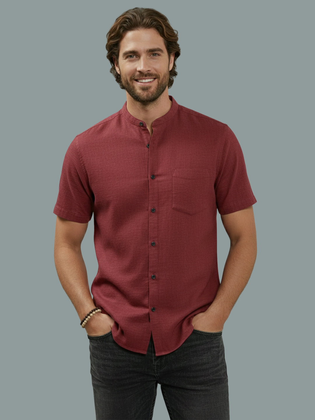 Half Sleeve Chinese Collar Cotton Slim Shirt for Men and Boys in Shirt For Men And White by BLUE ROBED, detail view