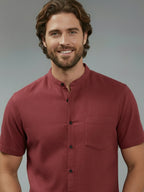 Half Sleeve Chinese Collar Cotton Slim Shirt for Men and Boys in Shirt For Men And White by BLUE ROBED, fabric detail