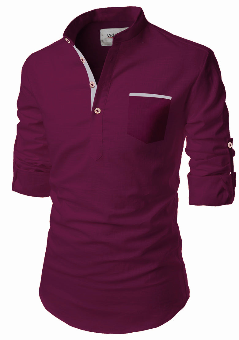 BLUE ROBED men's Casual Slim Fit Full Sleeve Pocket Contrast Kurta in Magenta view 27