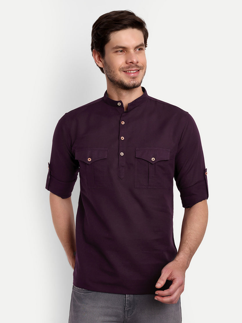 BLUE ROBED men's Casual Slim Fit Full Sleeve Double Pocket Cotton Trendy Kurta in Magenta view 109