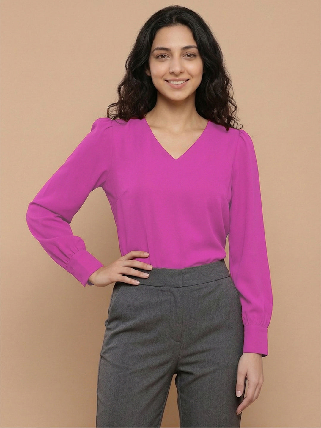 Women’s Crepe Formal Top | Elegant V-Neck Office Wear Blouse