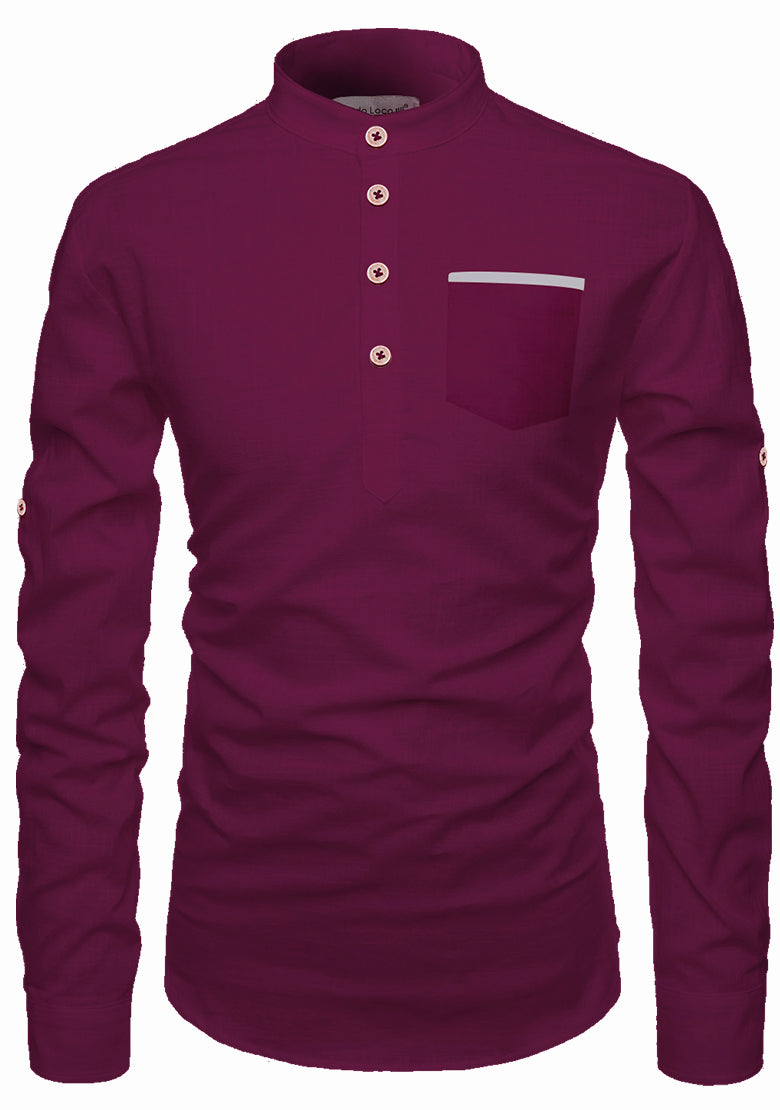 BLUE ROBED men's Casual Slim Fit Full Sleeve Pocket Contrast Kurta in Magenta view 29
