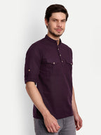 BLUE ROBED men's Casual Slim Fit Full Sleeve Double Pocket Cotton Trendy Kurta in Magenta view 110
