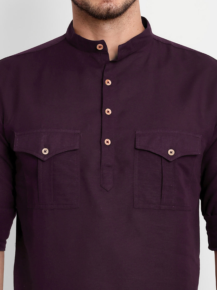 BLUE ROBED men's Casual Slim Fit Full Sleeve Double Pocket Cotton Trendy Kurta in Magenta view 112