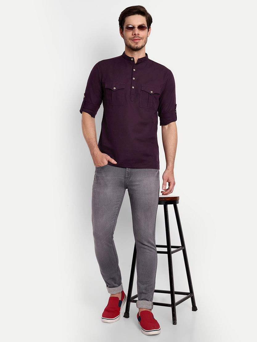 BLUE ROBED men's Casual Slim Fit Full Sleeve Double Pocket Cotton Trendy Kurta in Magenta view 114