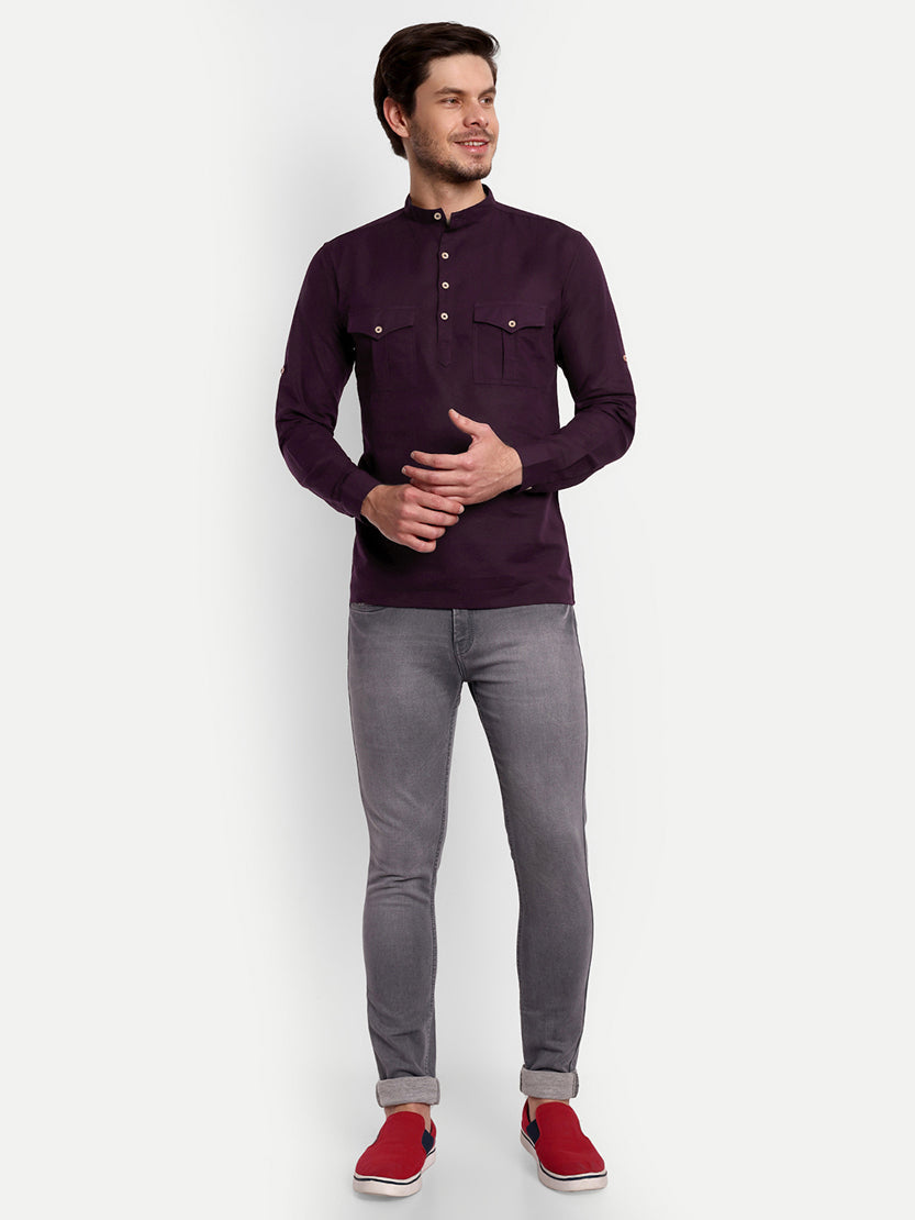BLUE ROBED men's Casual Slim Fit Full Sleeve Double Pocket Cotton Trendy Kurta in Magenta view 115