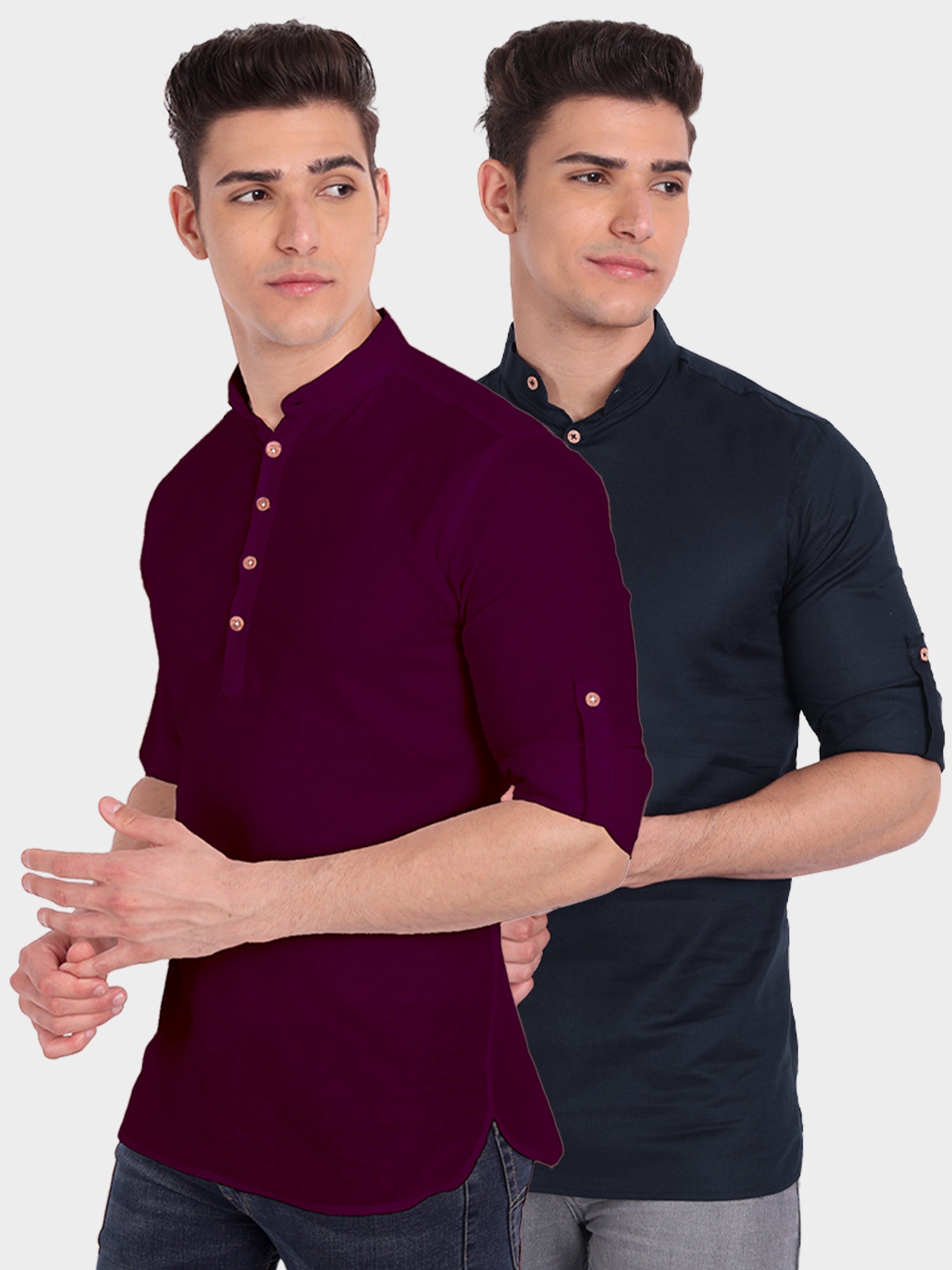 BLUE ROBED men's Casual Slim Fit Full Sleeve Cotton Kurta (Pack 2) in Magenta