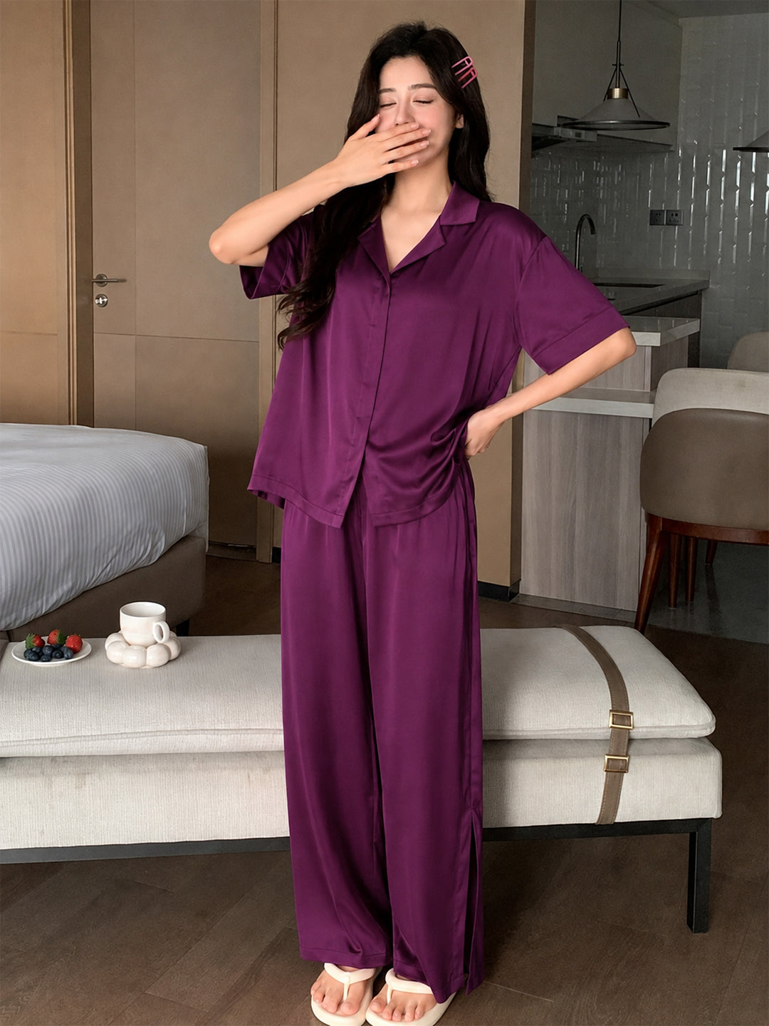 Women’s Magenta Linen Lounge Co-ord Set | Relaxed Fit Nightwear & Casual Wear