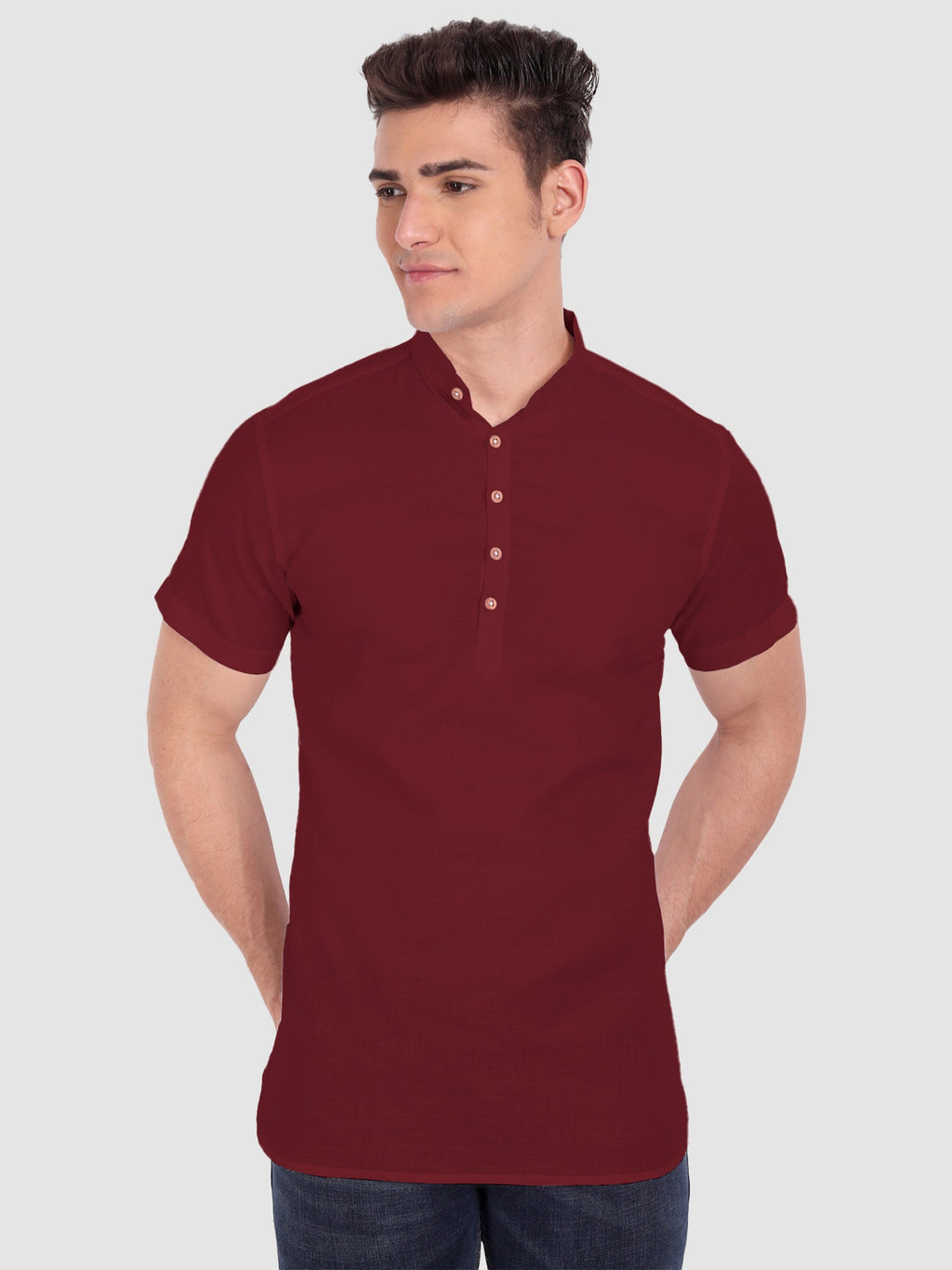 BLUE ROBED men's Half Sleeve Casual Cotton Kurta Daily Wear in Maroon view 32