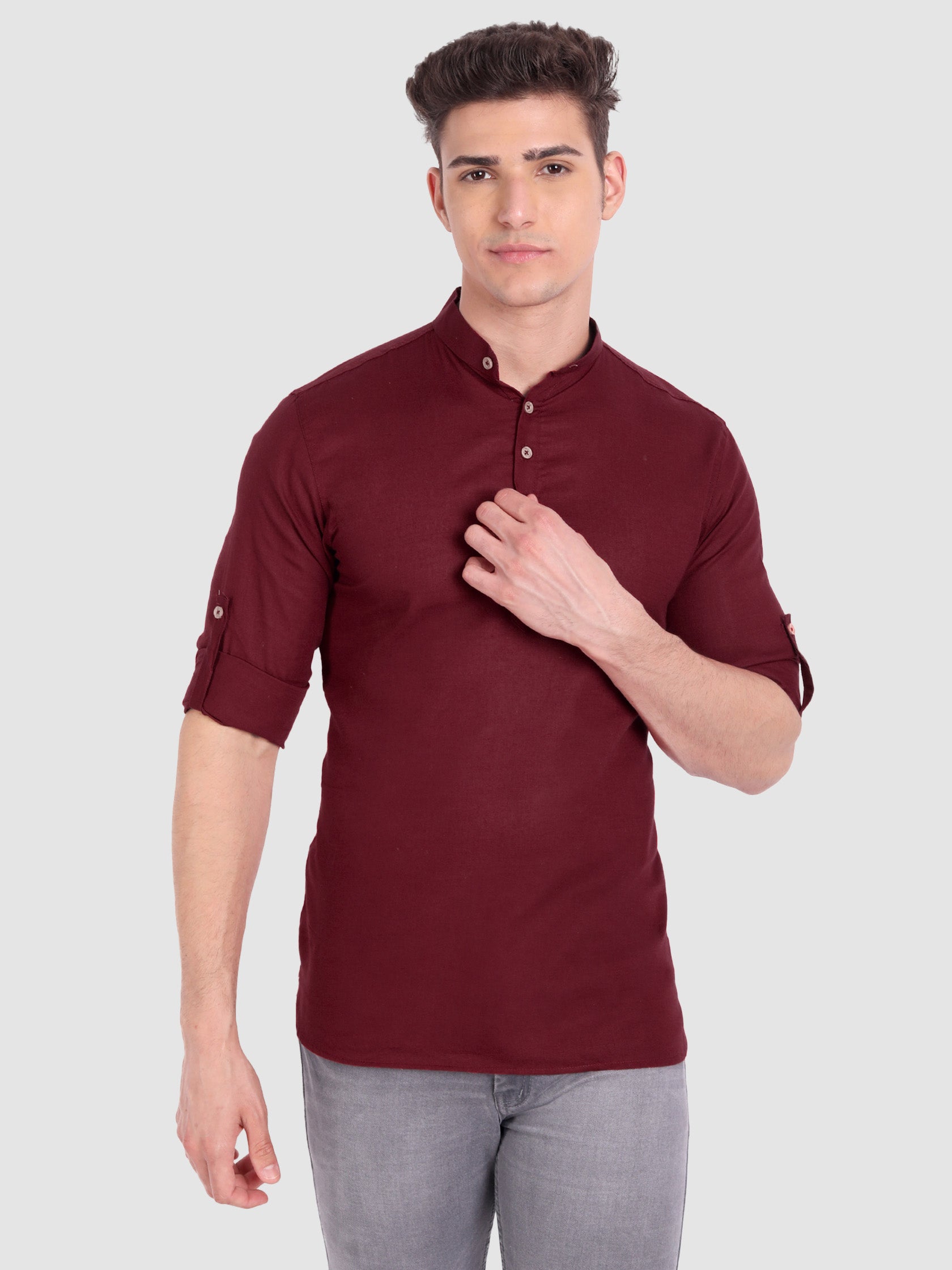 BLUE ROBED men's Casual Slim Fit Full Sleeve Cotton Kurta in Maroon
