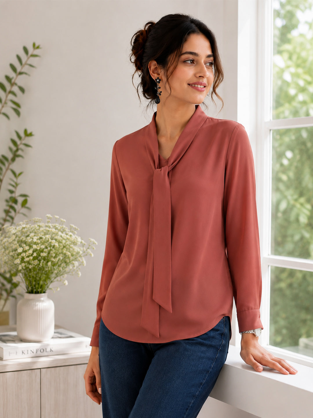 Women's Elegant Tie-Neck Long Sleeve Crepe Blouse – Dusty Rose Main image