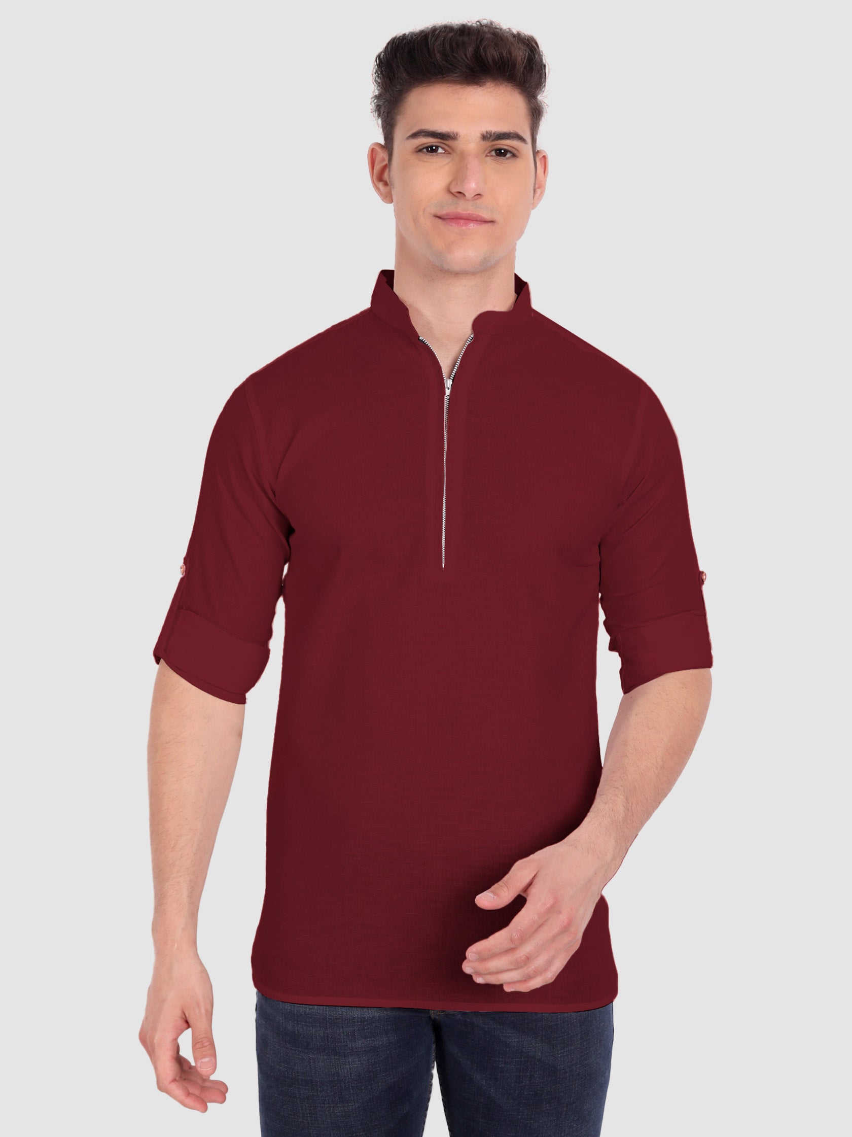 BLUE ROBED men's Casual ZIP Style Full Sleeve Cotton Kurta in Maroon view 21