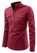 BLUE ROBED men's Casual Slim Fit Full Sleeve Double Pocket Cotton Kurta in Maroon view 8