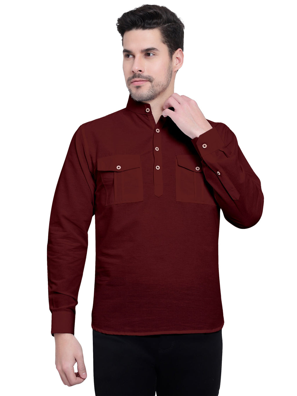 BLUE ROBED men's Casual Slim Fit Full Sleeve Double Pocket Cotton Kurta in Maroon view 15