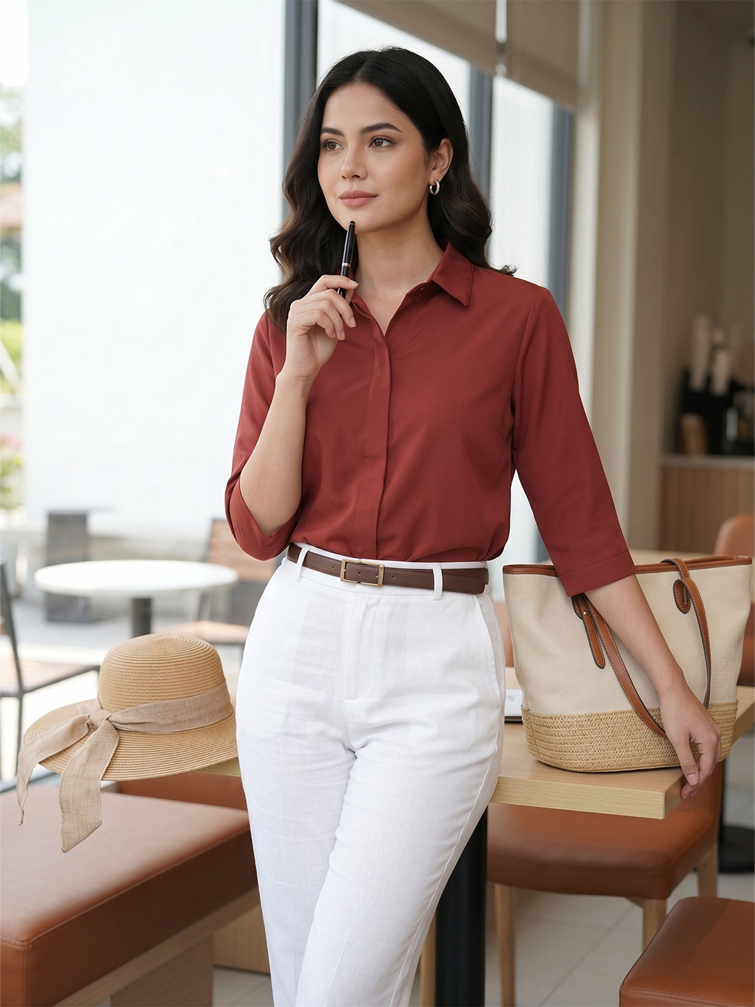 Women’s Solid Maroon Office Wear Shirt – Viscose Rayon Fabric | 3/4th Sleeves Main image