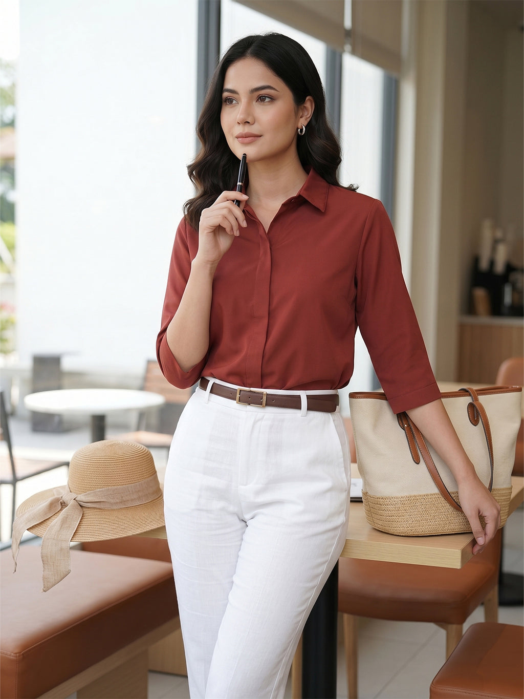Women’s Solid Maroon Office Wear Shirt – Viscose Rayon Fabric | 3/4th Sleeves