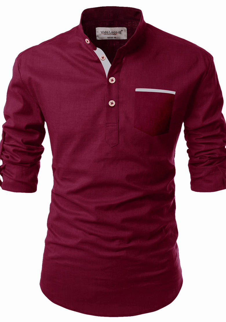 BLUE ROBED men's Casual Slim Fit Full Sleeve Pocket Contrast Kurta in Maroon
