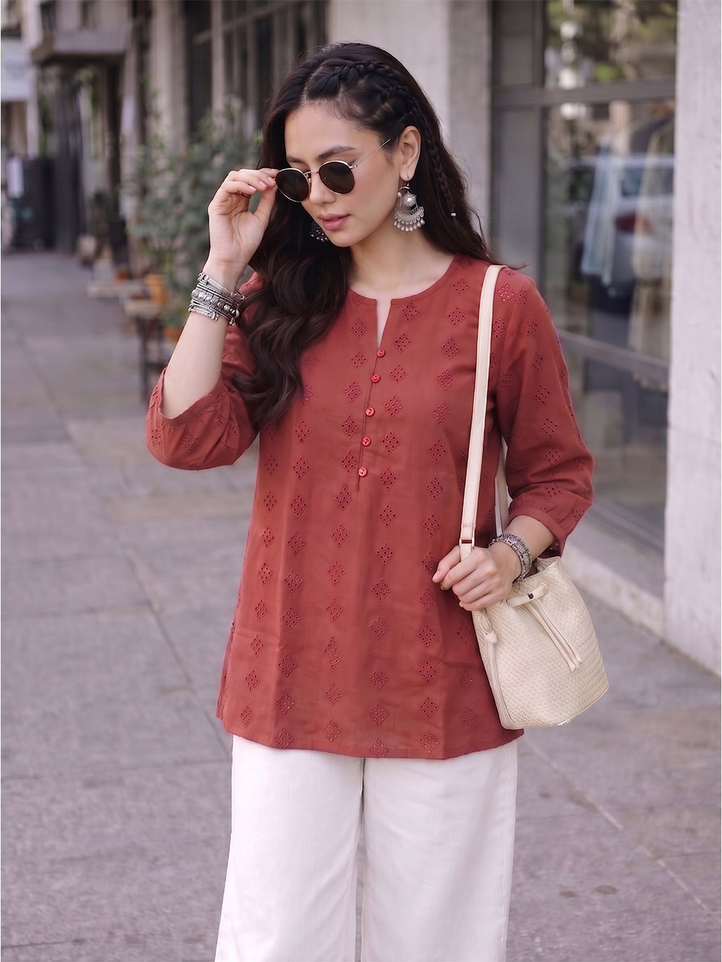 Women’s Maroon Embroidered Casual Top | Georgette Fabric | Regular Fit