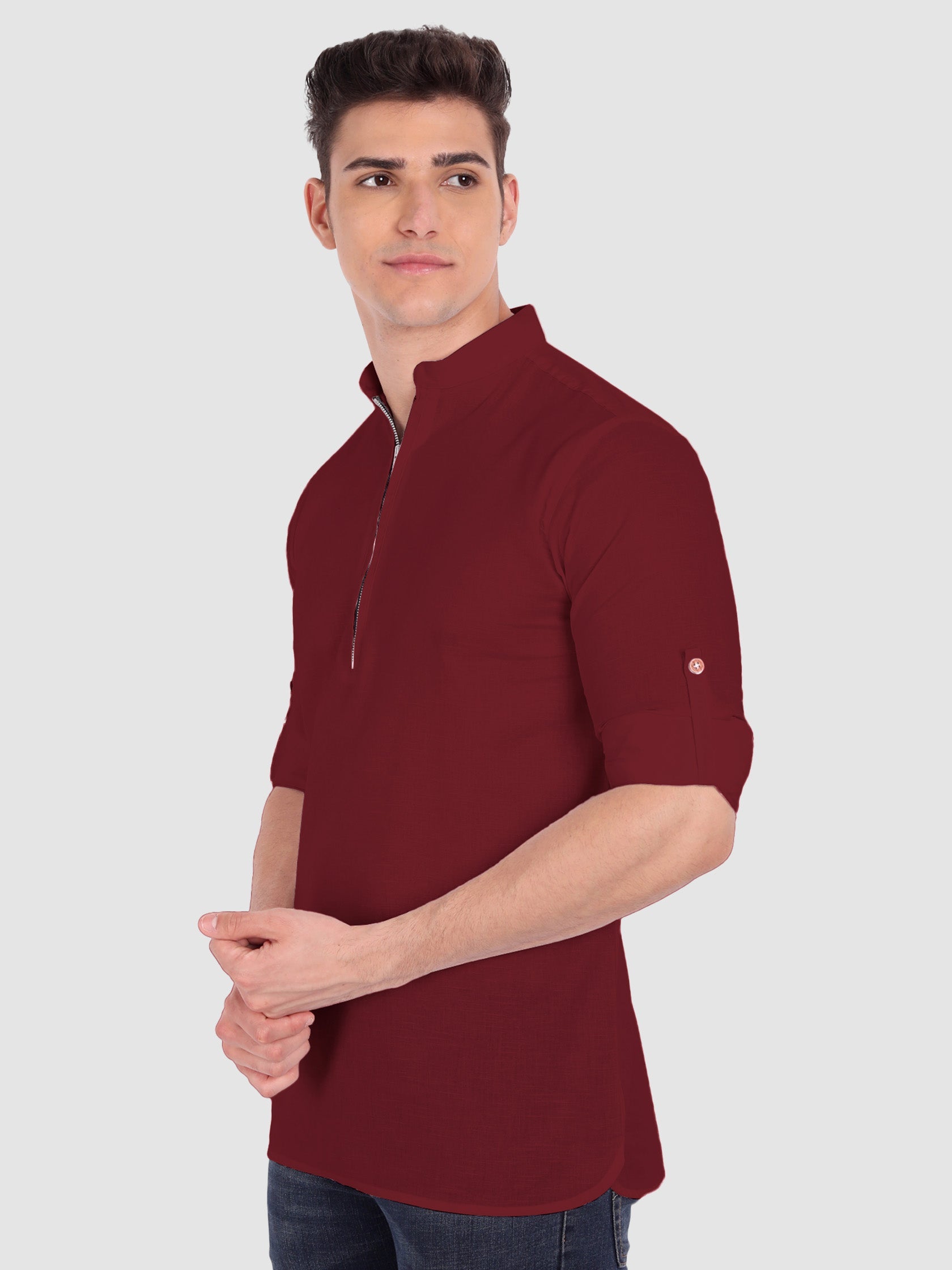BLUE ROBED men's Casual ZIP Style Full Sleeve Cotton Kurta in Maroon view 22