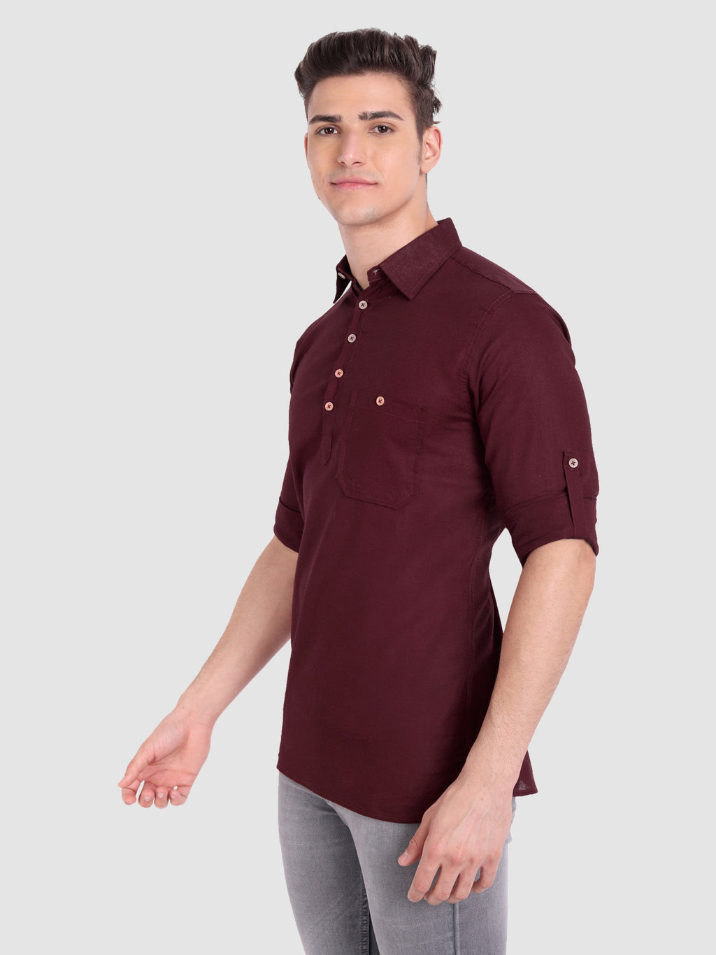 BLUE ROBED men's Full Sleeve Casual Cotton Kurta in Maroon view 32