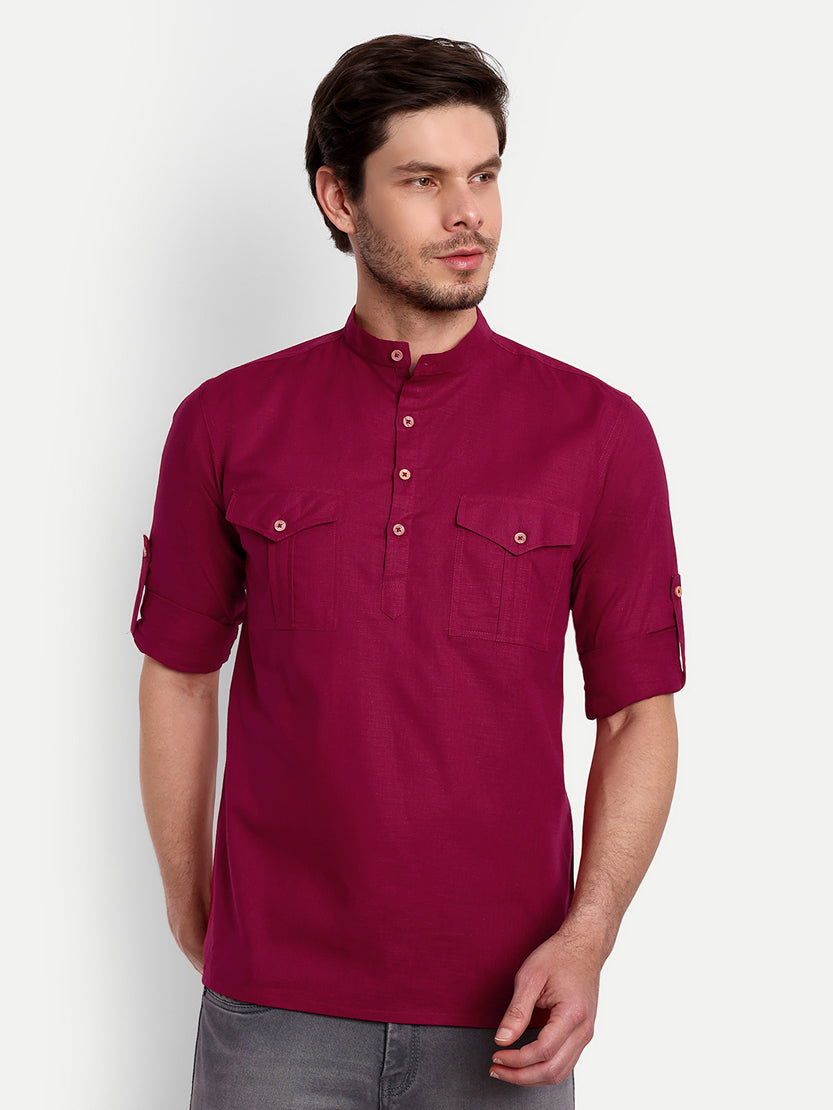 BLUE ROBED men's Casual Slim Fit Full Sleeve Double Pocket Cotton Trendy Kurta in Maroon view 22
