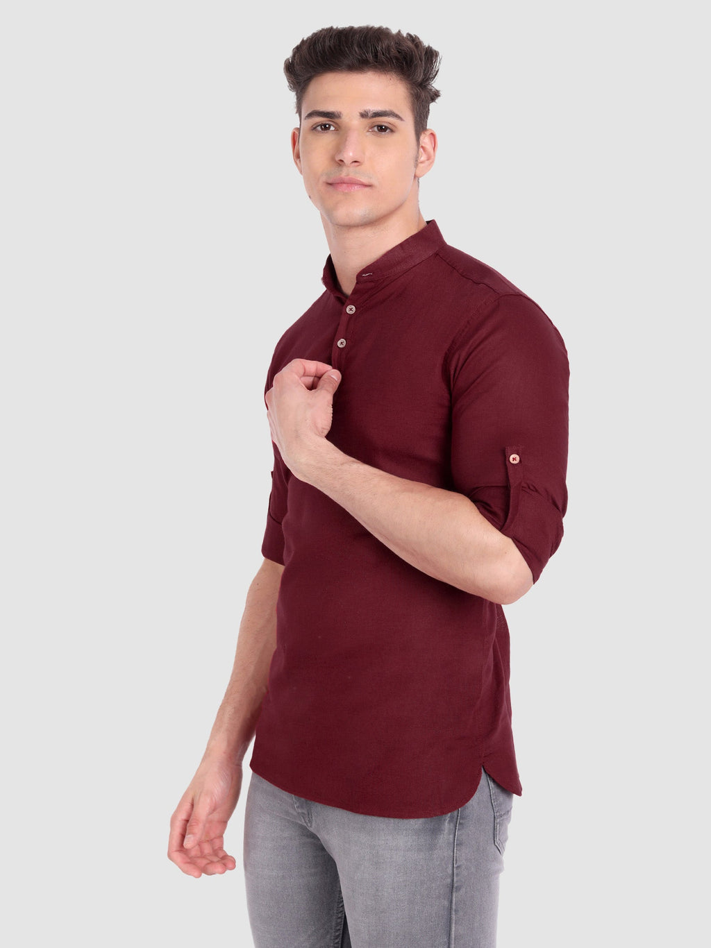 BLUE ROBED men's Casual Slim Fit Full Sleeve Cotton Kurta in Maroon view 2