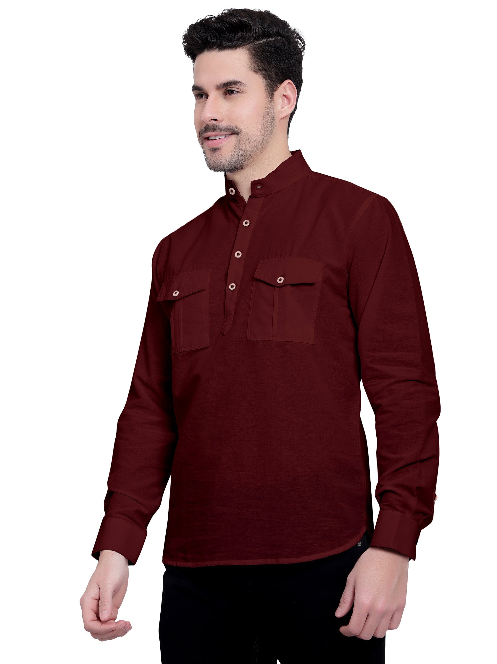 BLUE ROBED men's Casual Slim Fit Full Sleeve Double Pocket Cotton Kurta in Maroon view 16