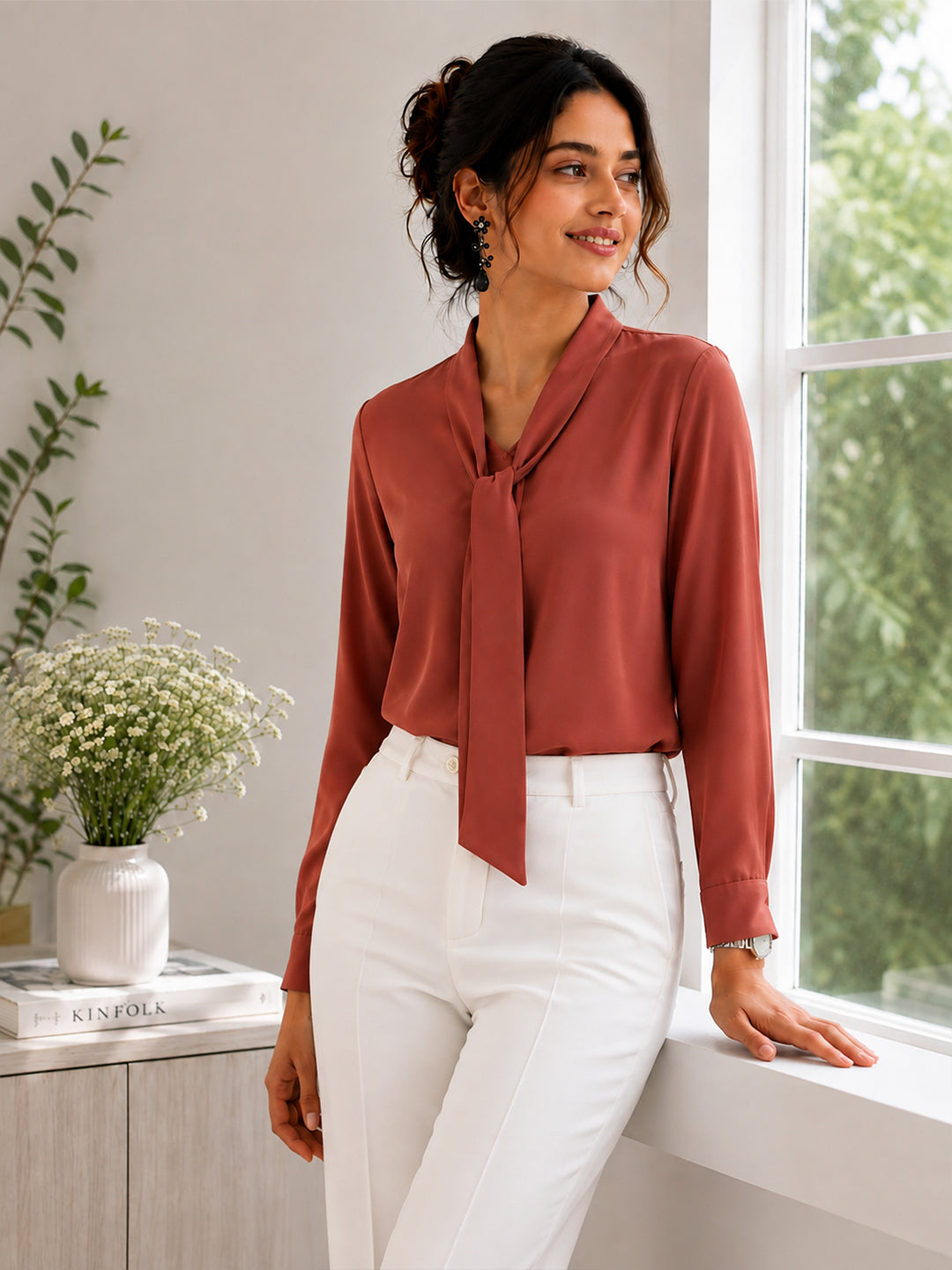 Women's Elegant Tie-Neck Long Sleeve Crepe Blouse – Dusty Rose Secondary image