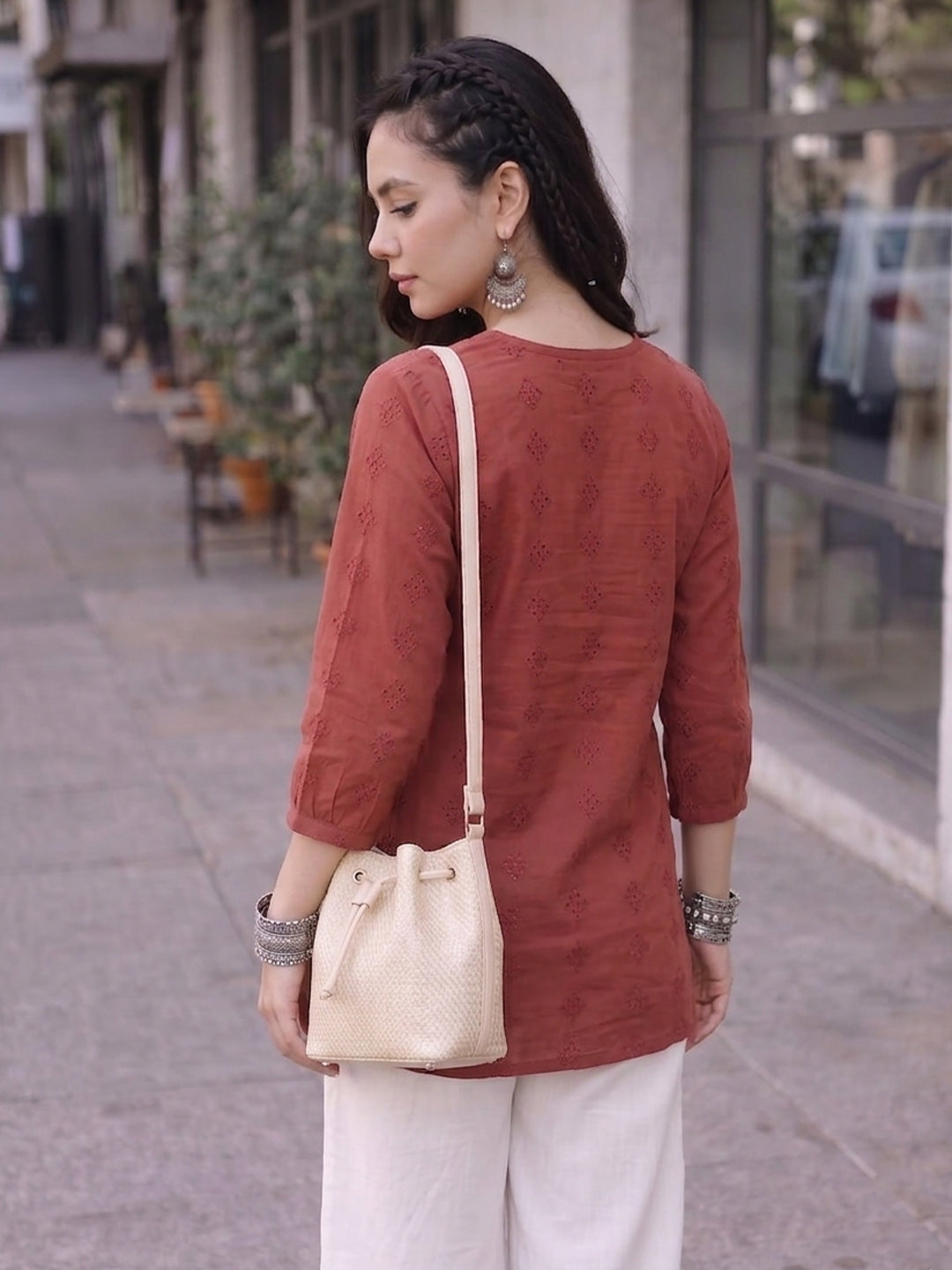 Women’s Maroon Embroidered Casual Top | Georgette Fabric | Regular Fit