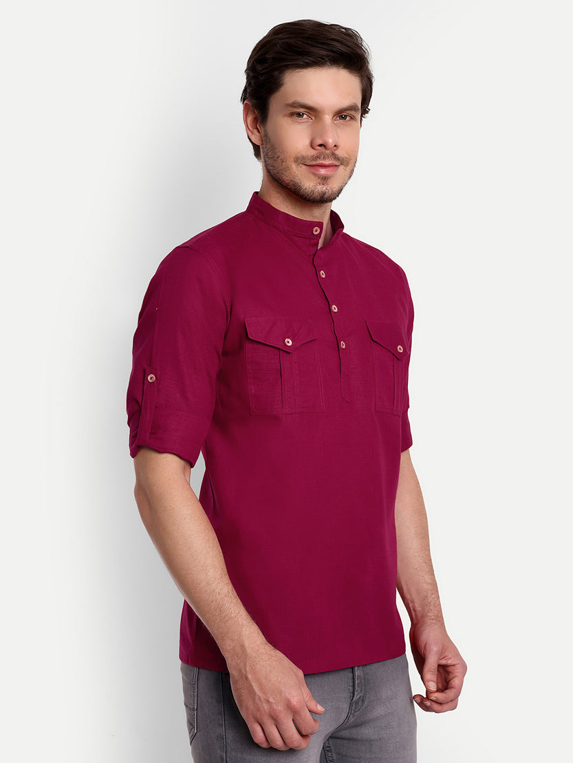 BLUE ROBED men's Casual Slim Fit Full Sleeve Double Pocket Cotton Trendy Kurta in Maroon view 23