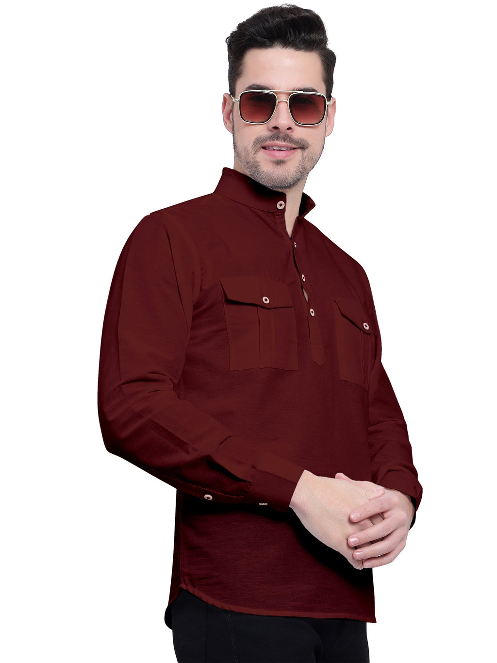 BLUE ROBED men's Casual Slim Fit Full Sleeve Double Pocket Cotton Kurta in Maroon view 17