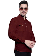 BLUE ROBED men's Casual Slim Fit Full Sleeve Double Pocket Cotton Kurta in Maroon view 17