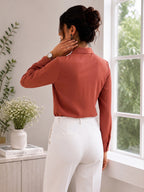 Women's Elegant Tie-Neck Long Sleeve Crepe Blouse – Dusty Rose