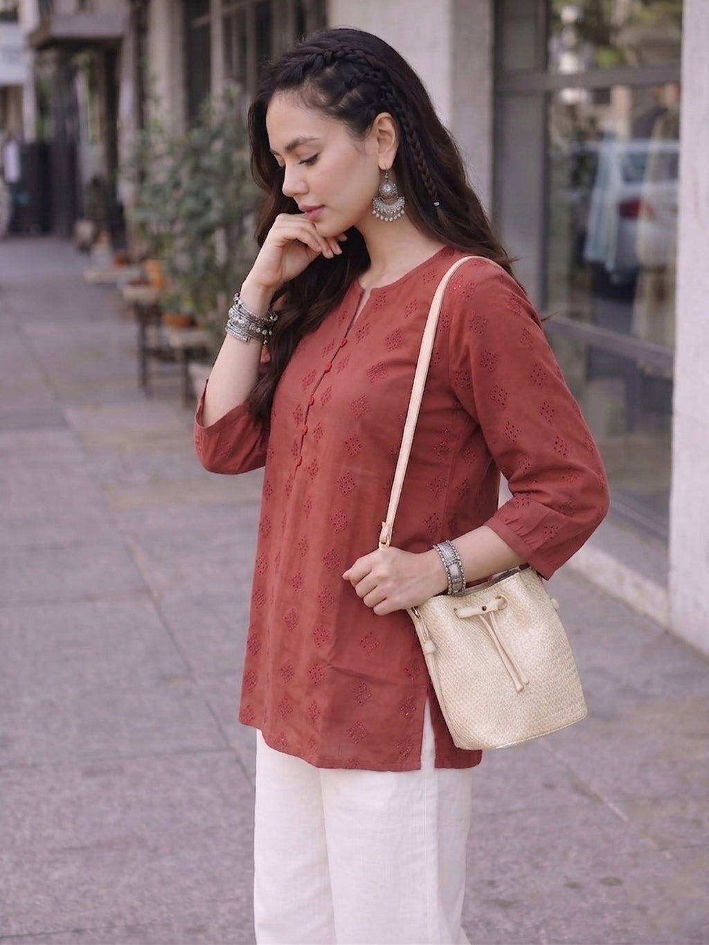 Women’s Maroon Embroidered Casual Top | Georgette Fabric | Regular Fit