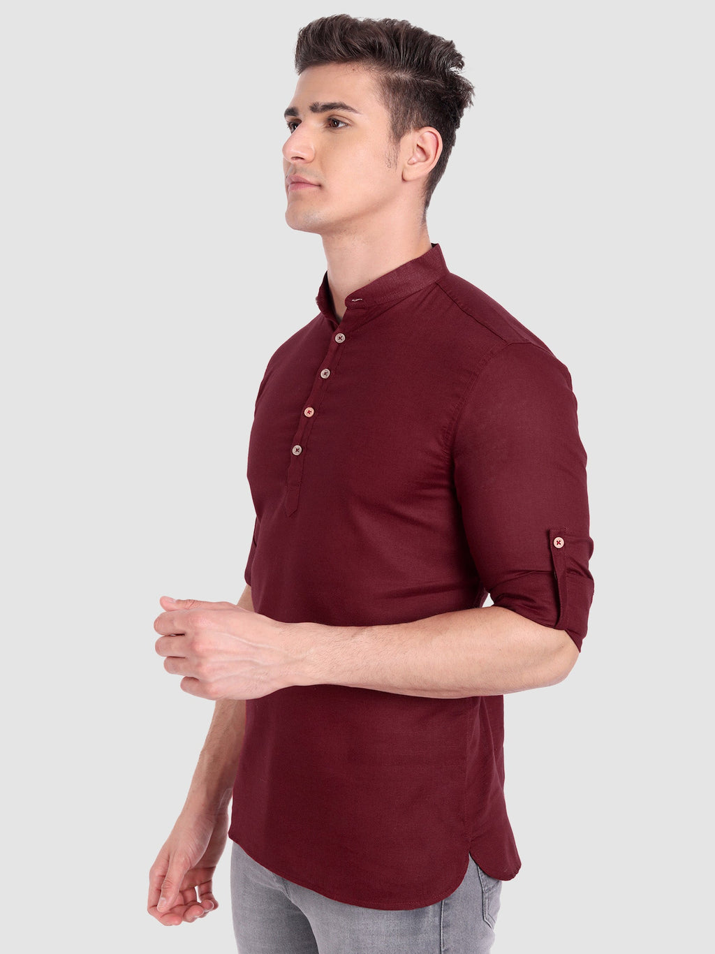 BLUE ROBED men's Casual Slim Fit Full Sleeve Cotton Kurta in Maroon view 4