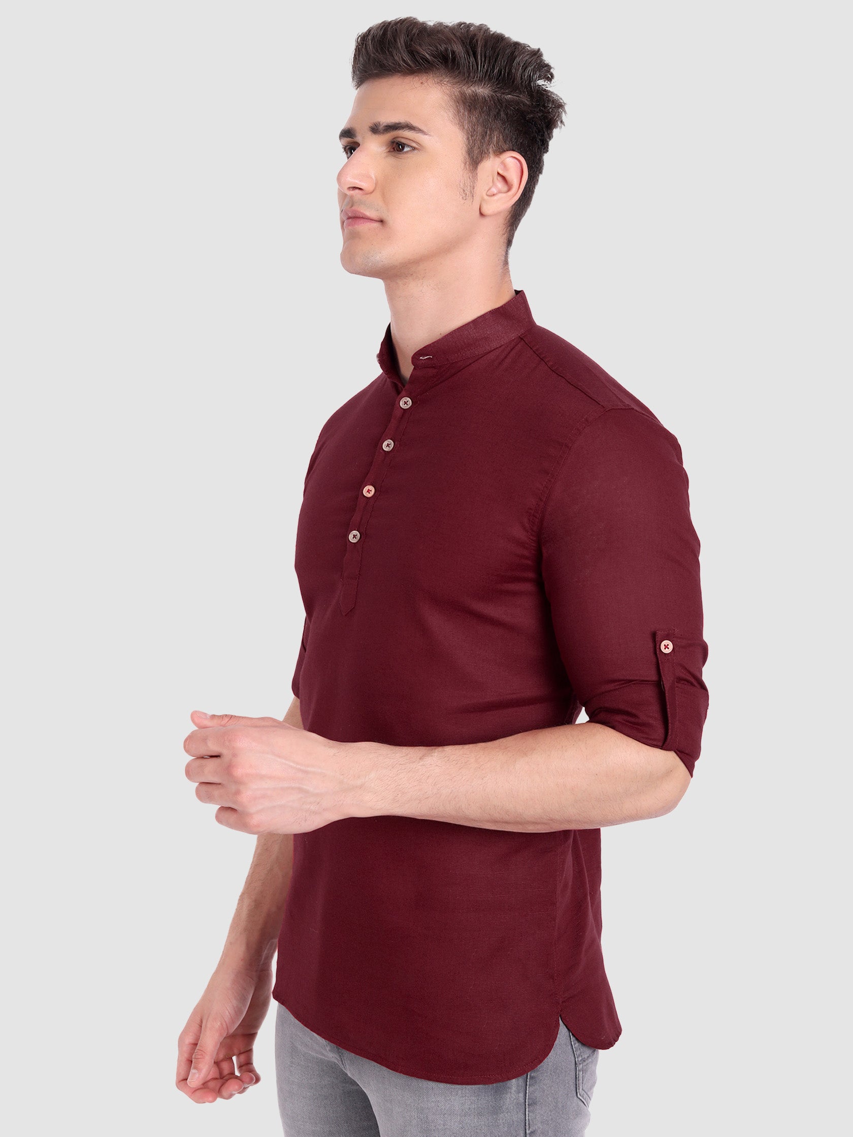 BLUE ROBED men's Casual Slim Fit Full Sleeve Cotton Kurta in Maroon view 4