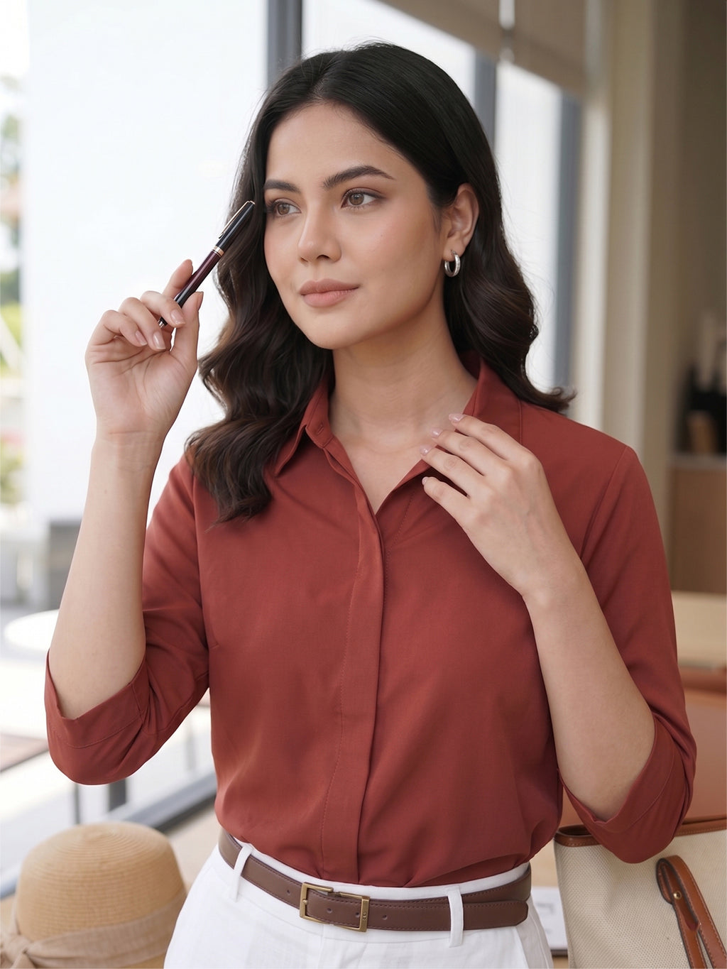 Women’s Solid Maroon Office Wear Shirt – Viscose Rayon Fabric | 3/4th Sleeves