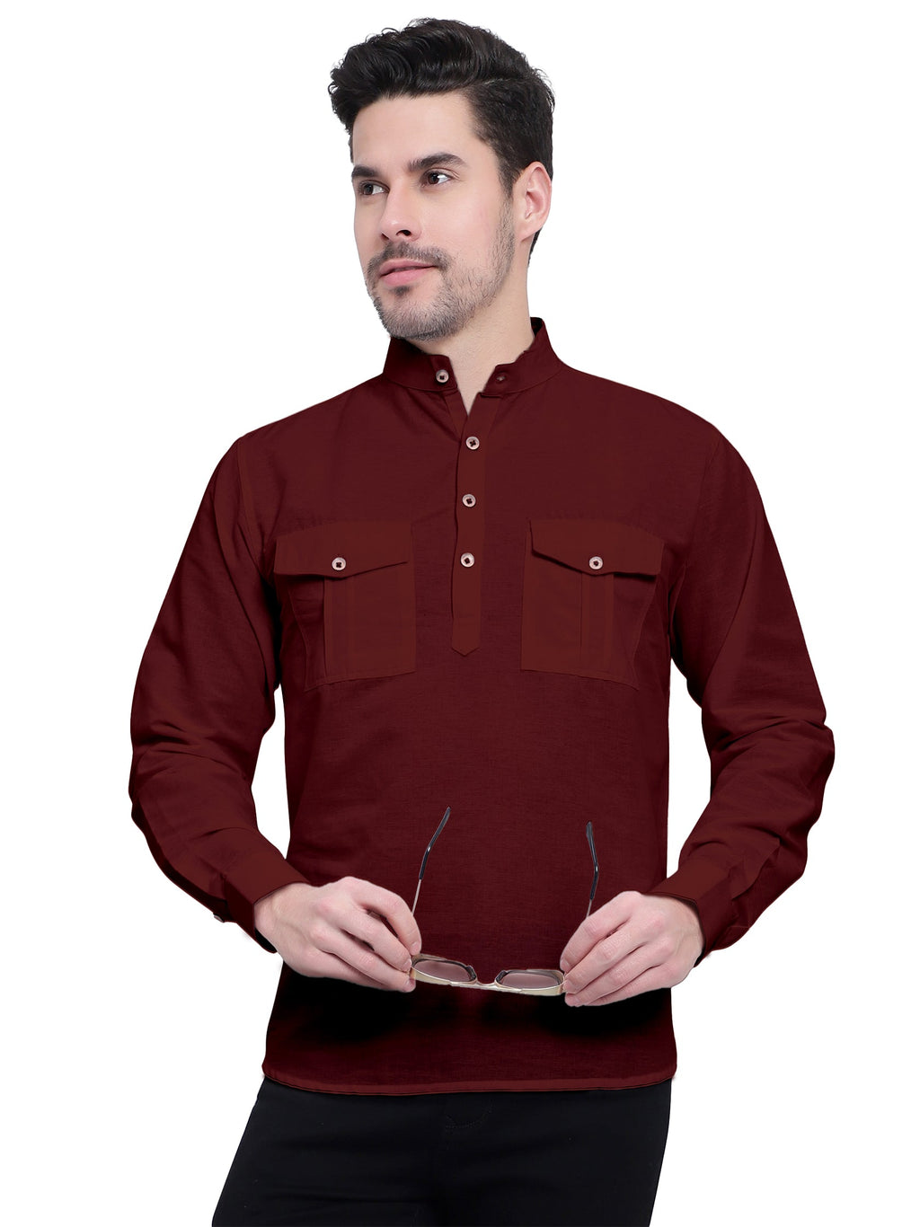 BLUE ROBED men's Casual Slim Fit Full Sleeve Double Pocket Cotton Kurta in Maroon view 18