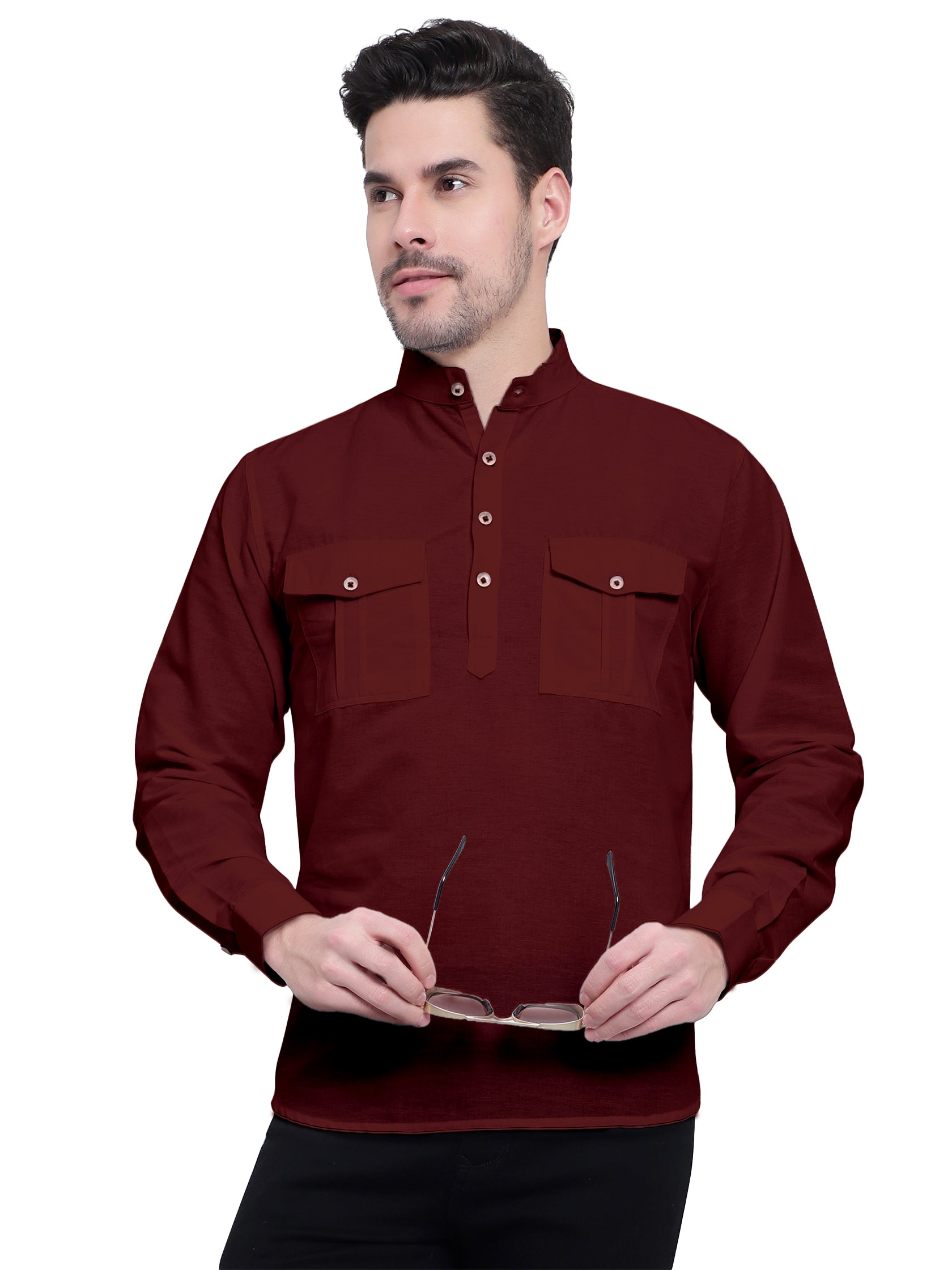 BLUE ROBED men's Casual Slim Fit Full Sleeve Double Pocket Cotton Kurta in Maroon view 18