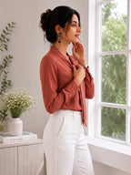 Women's Elegant Tie-Neck Long Sleeve Crepe Blouse – Dusty Rose