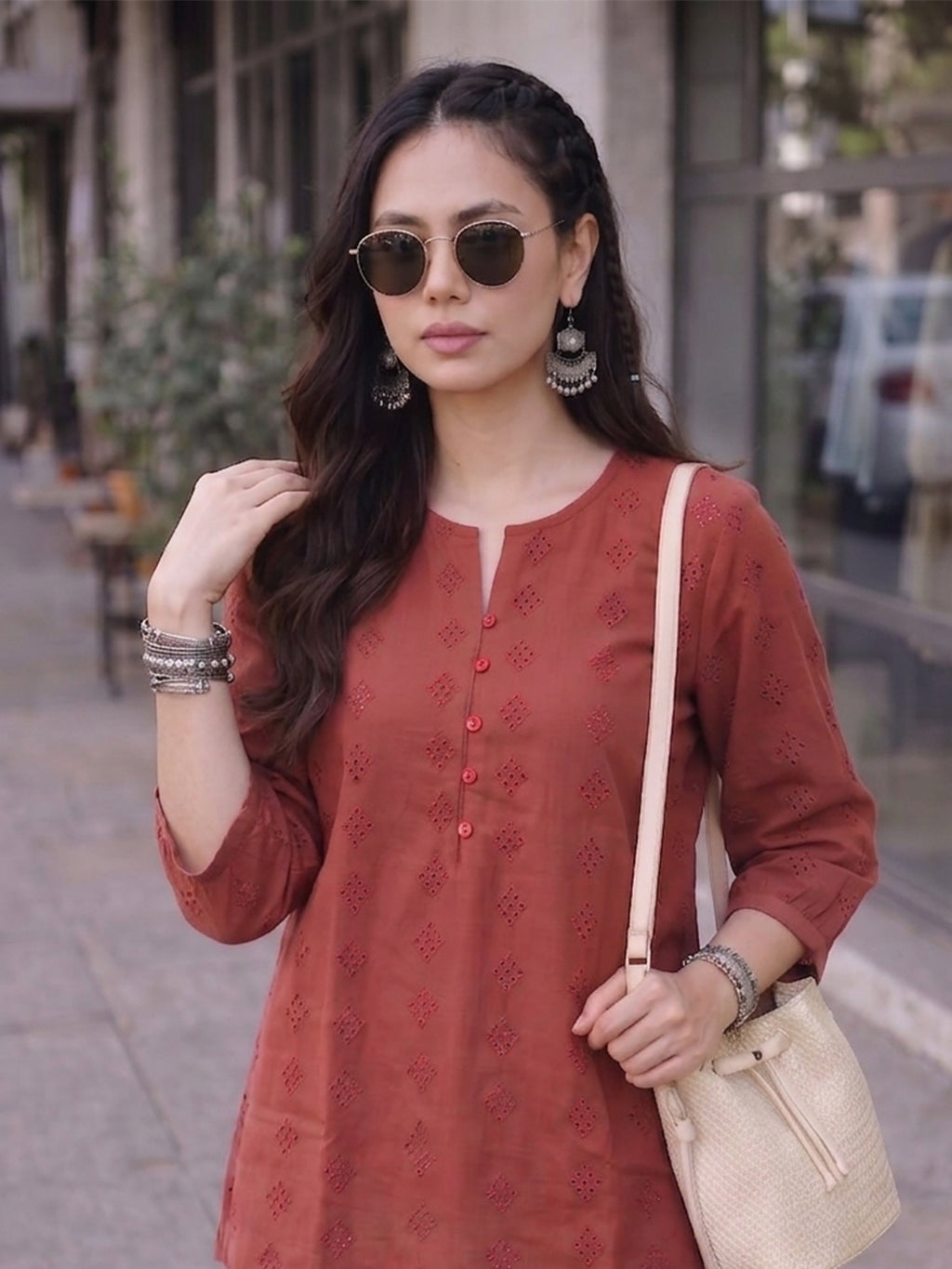 Women’s Maroon Embroidered Casual Top | Georgette Fabric | Regular Fit