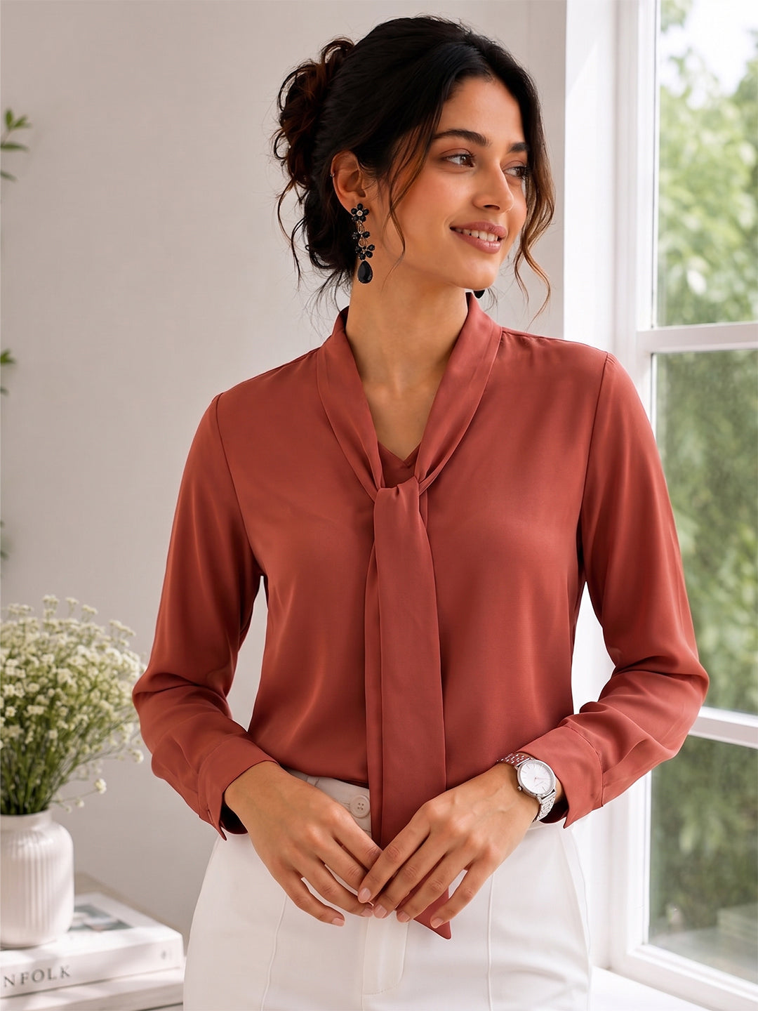 Women's Elegant Tie-Neck Long Sleeve Crepe Blouse – Dusty Rose