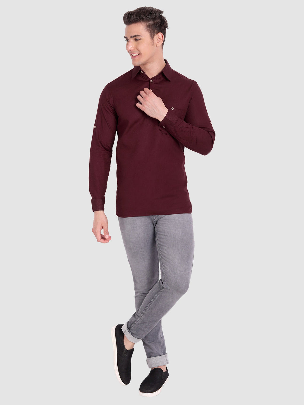BLUE ROBED men's Full Sleeve Casual Cotton Kurta in Maroon view 35