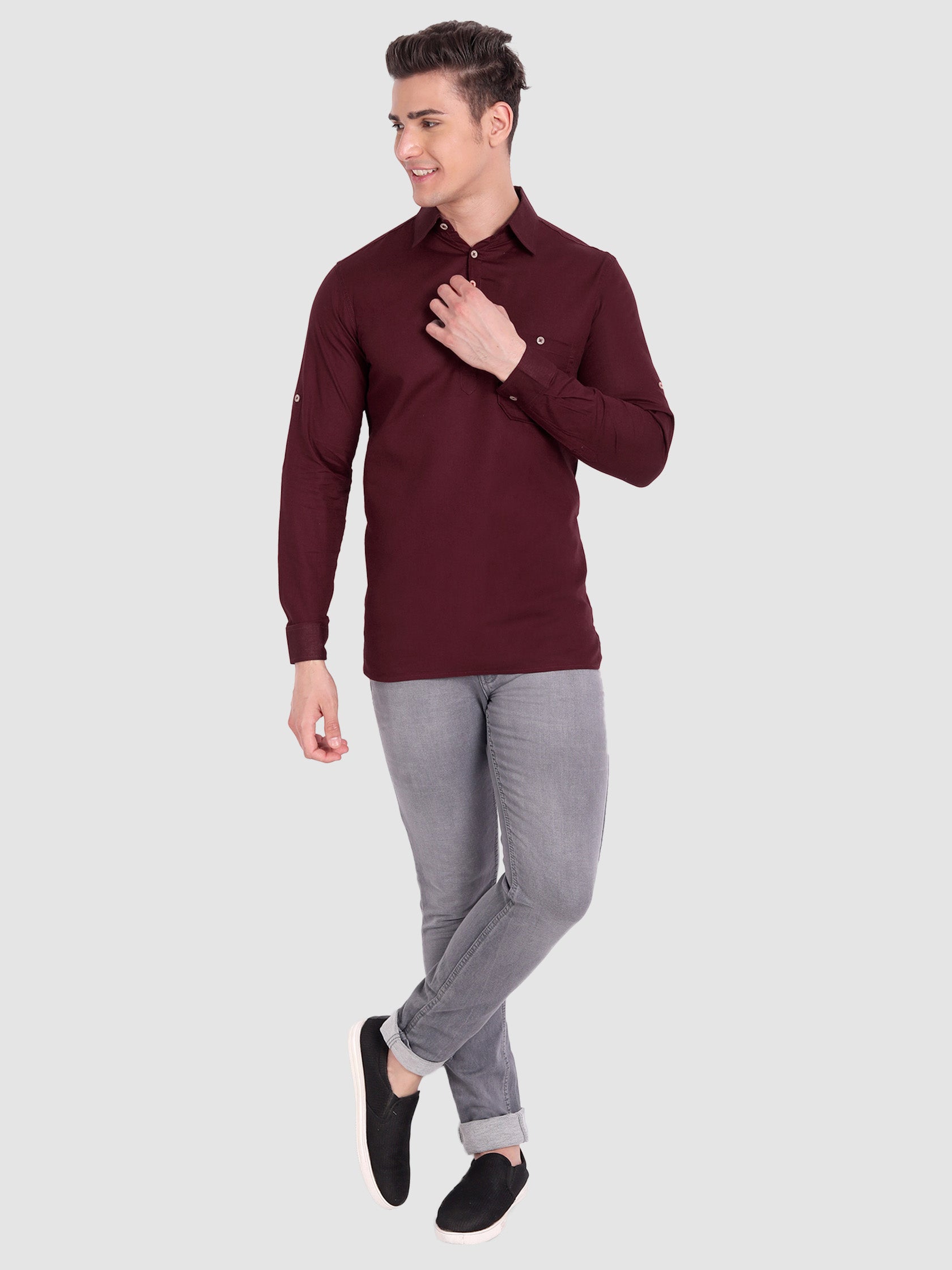 BLUE ROBED men's Full Sleeve Casual Cotton Kurta in Maroon view 35