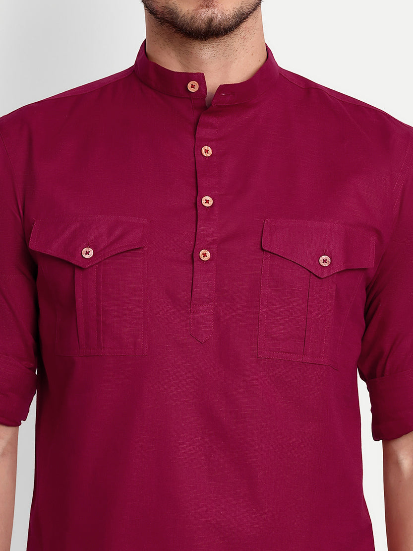 BLUE ROBED men's Casual Slim Fit Full Sleeve Double Pocket Cotton Trendy Kurta in Maroon view 25